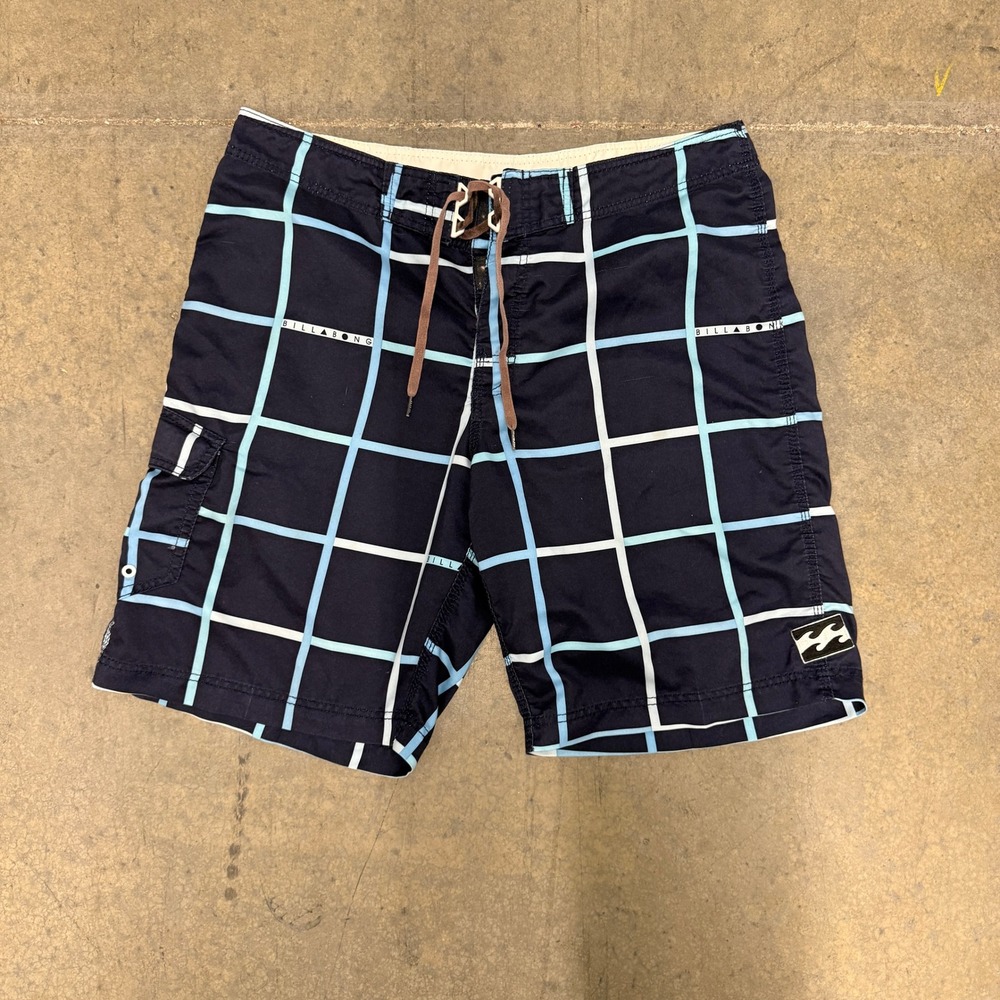 Billabong Mens Board Shorts Navy Blue Check Swim Trunks Size 38 M129GRUS